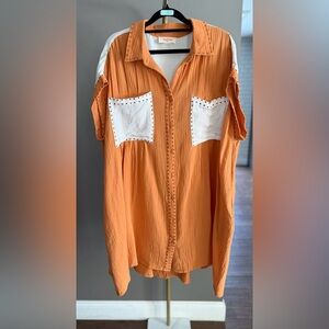 Peach Love California Boho Luxe Orange Gauze Studded Pocket Dress Western Chic